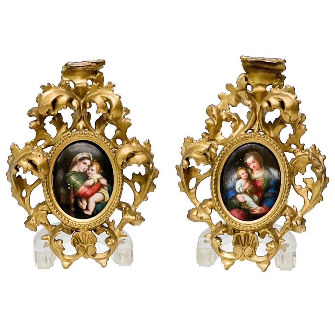 Pair Hand Painted Porcelain Plaques Madonna and Child Framed circa 1900 (1 of 10)