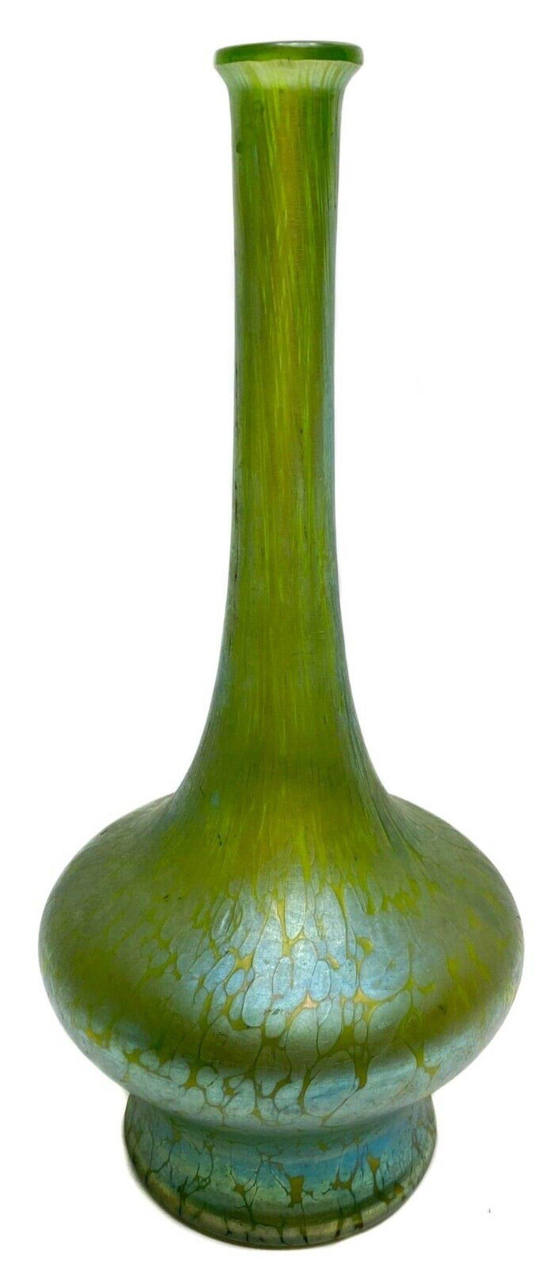 Loetz Papillon Green & Blue Iridescent Art Glass Vase Auction