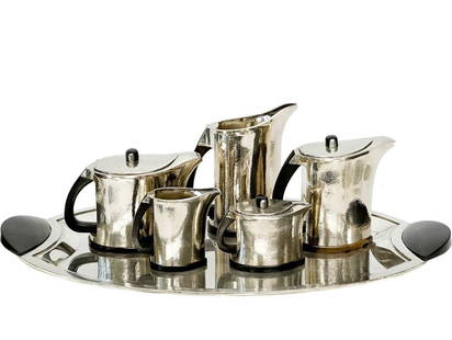 6pc Luigi Genazzi Italian Milano 800 Silver Wood Tea & Coffee Serving Set w Tray: 6 piece Luigi Genazzi di Eros Italian Milano 800 silver and wood tea and coffee serving set. Set i8ncludes tray, pitcher, tea pot, coffee pot, smaller pitcher, lidded creamer. A textured finish, dark