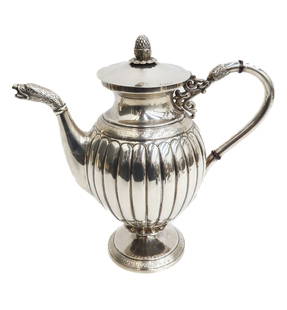 Victorian Sheffield Sterling Silver Ribbed Coffee Pot, 1891. Eagle Spout: Victorian Sheffield sterling silver coffee pot, 1891. Ribbed body with an eagle spout, acorn finial, and acanthus leaf handle. Sheffield sterling silver hallmarks to top lid and base. No apparent