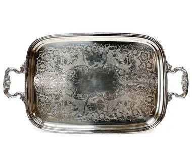 Gorham Silverplate Handled Serving Tray, Foliate Decoration: Gorham Silverplate serving tray. Ornate foliate and floral etching to the center. Foliate shell decoration to the handles. Gorham marks to the underside. Weight Approx., 7 lbs Measures Approx., 26.825