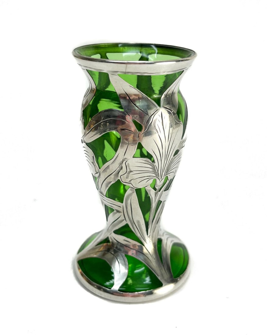 Alvin 999 Silver Overlay Green Glass Overlay Miniature Bud Vase (1 of 7)