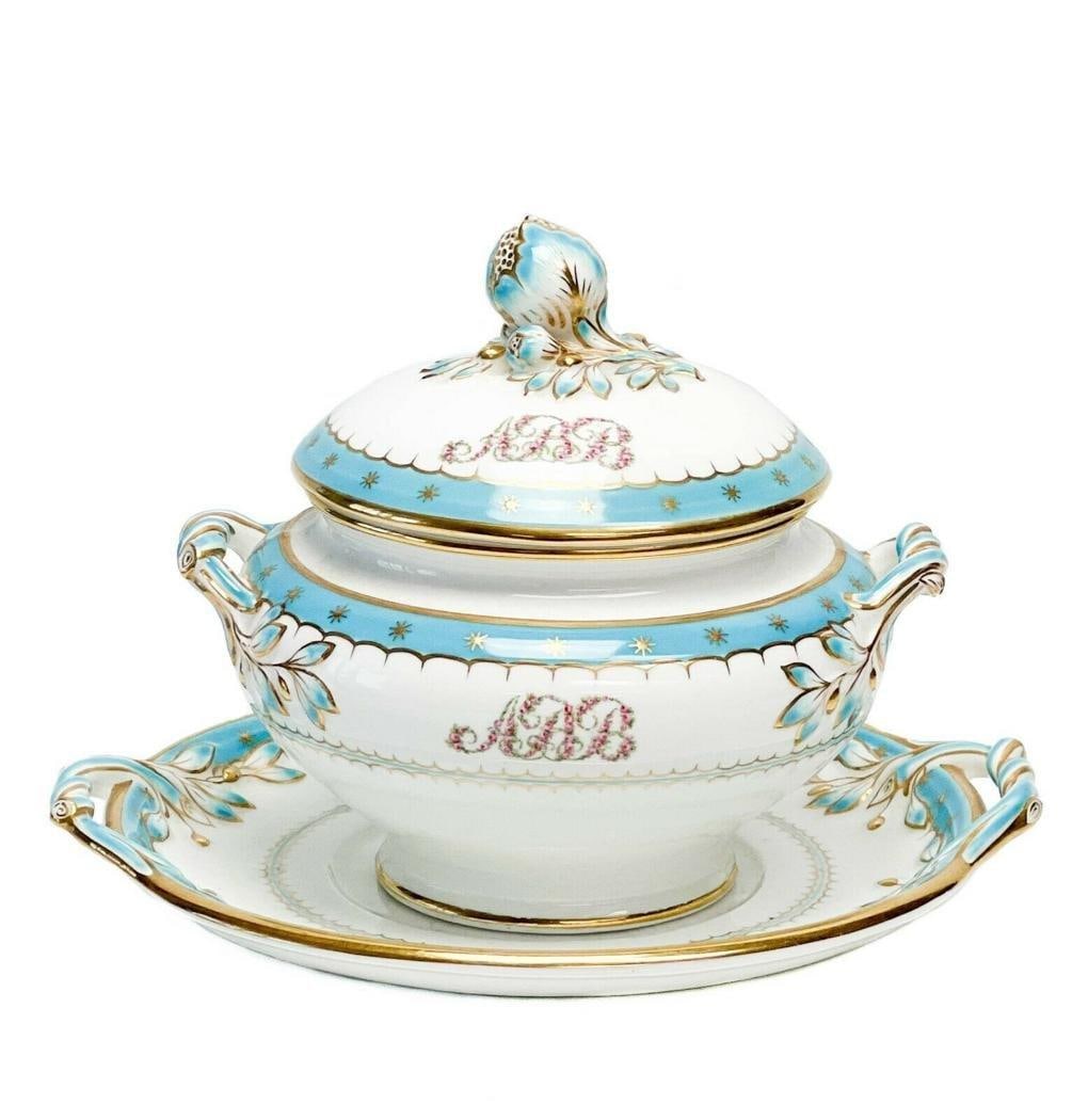 French Hand Painted Porcelain Lidded Sauce Dish with Underplate (1 of 6)