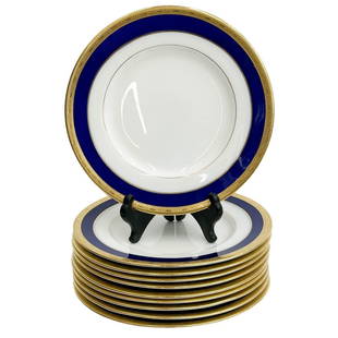 10 Minton England for Tiffany & Co Porcelain Dessert Plates Cobalt Blue 1923: 10 Minton England for Tiffany & Co Porcelain Dessert Plates. A cobalt blue ground to the edge with gilt decoration to the rim. Underside with Minton for Tiffany & Co. marks, Minton impressed date