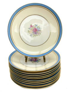 12 Lenox Porcelain 7 inch Dessert Plates, Floral Bouquet , circa 1950: 12 Lenox porcelain 7 inch dessert plates, Floral Bouquet , circa 1950. A sky blue trim to the pale yellow ground with multi-colored floral bouquets to the center. Lenox marks to the underside base. 