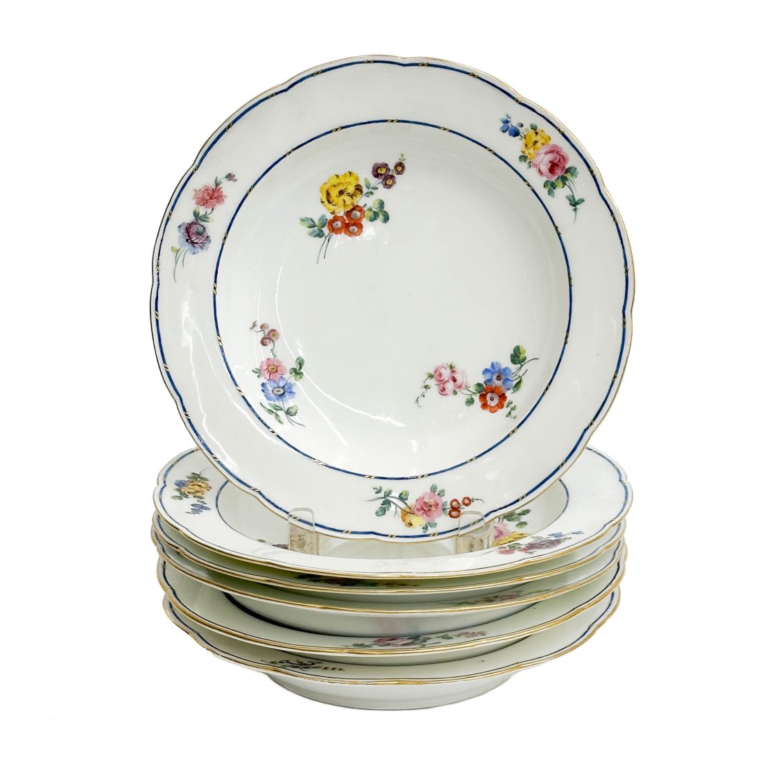 6 Sevres Hand Painted Porcelain Rimmed Soup Bowls Florals 1772 Leve Barrat (1 of 7)