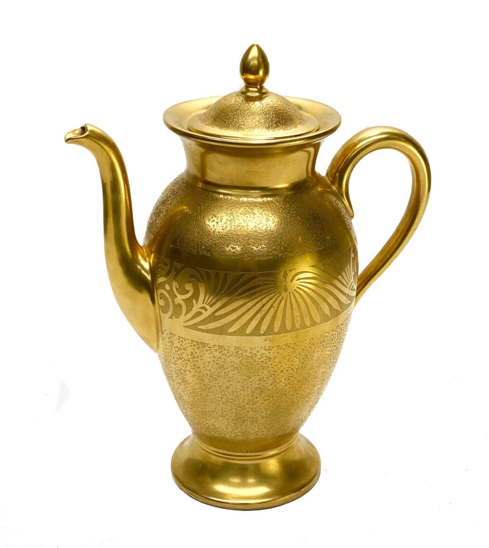 Pickard Porcelain Gold Encrusted Coffee or Chocolate Pot, circa 1925: Pickard Porcelain gold encrusted coffee or chocolate pot, circa 1925. Foliate scroll decorated to the circular band with a faux stucco texture to the ground. Pickard mark to the underside. Weight Appr