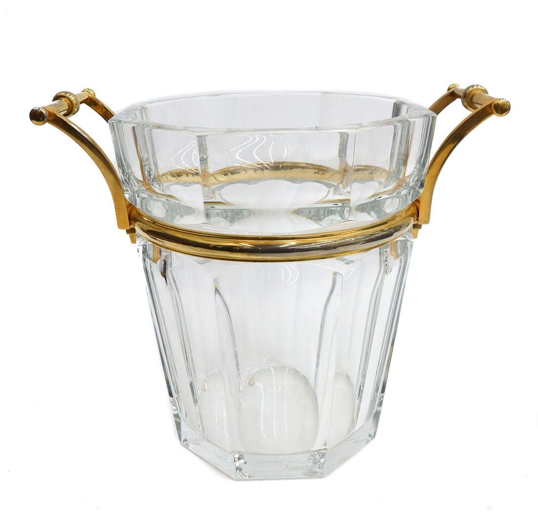 Baccarat France Crystal Glass Ice Bucket or Wine Cooler in Harcourt Versailles: Baccarat France crystal glass ice bucket or wine cooler in Harcourt Versailles. Lobed cut panels with a gold-plated metal handle. Embossed Baccarat emblem to the inner of each handle and Signed "Bacca