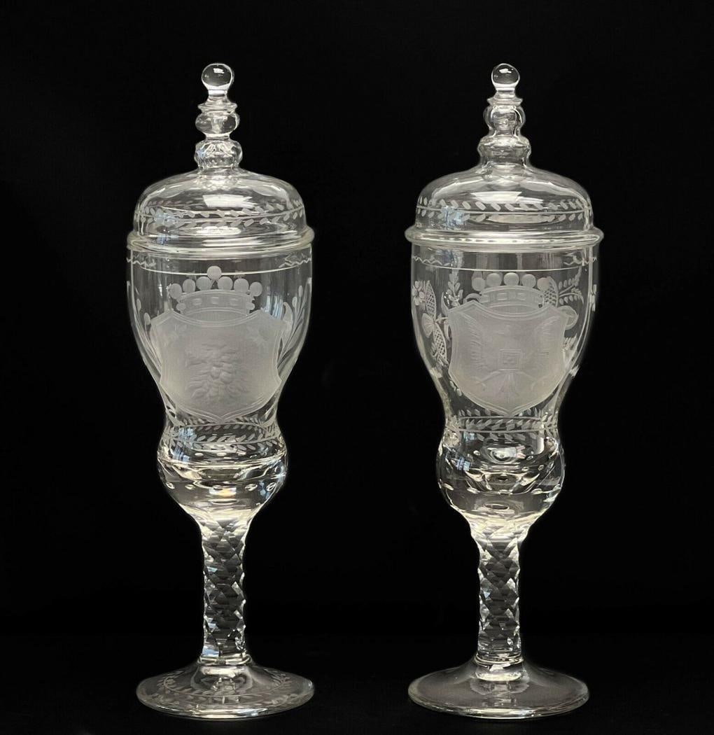 Pair German Cut & Engraved Glass Covered Pokals 1st half 20th cen (1 of 9)