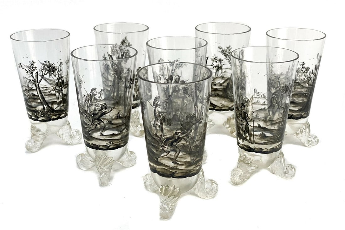 8 German Schwartzlot Style Black Enamel Wine Goblets: 8 German Schwartzlot style black enamel glass footed 4.5 inch wine goblets, circa 1900. Beautiful and ornate hand painted black enamel 19th Century genre hunting scenes to the exterior. Swirled feet t