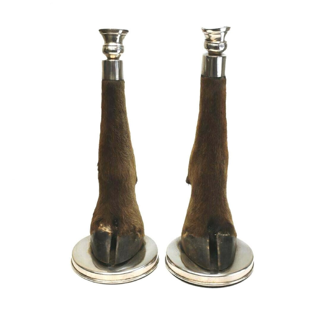 Unique Continental Pair of Stagg Hoof & Silver Candlesticks, circa 1900 (1 of 4)