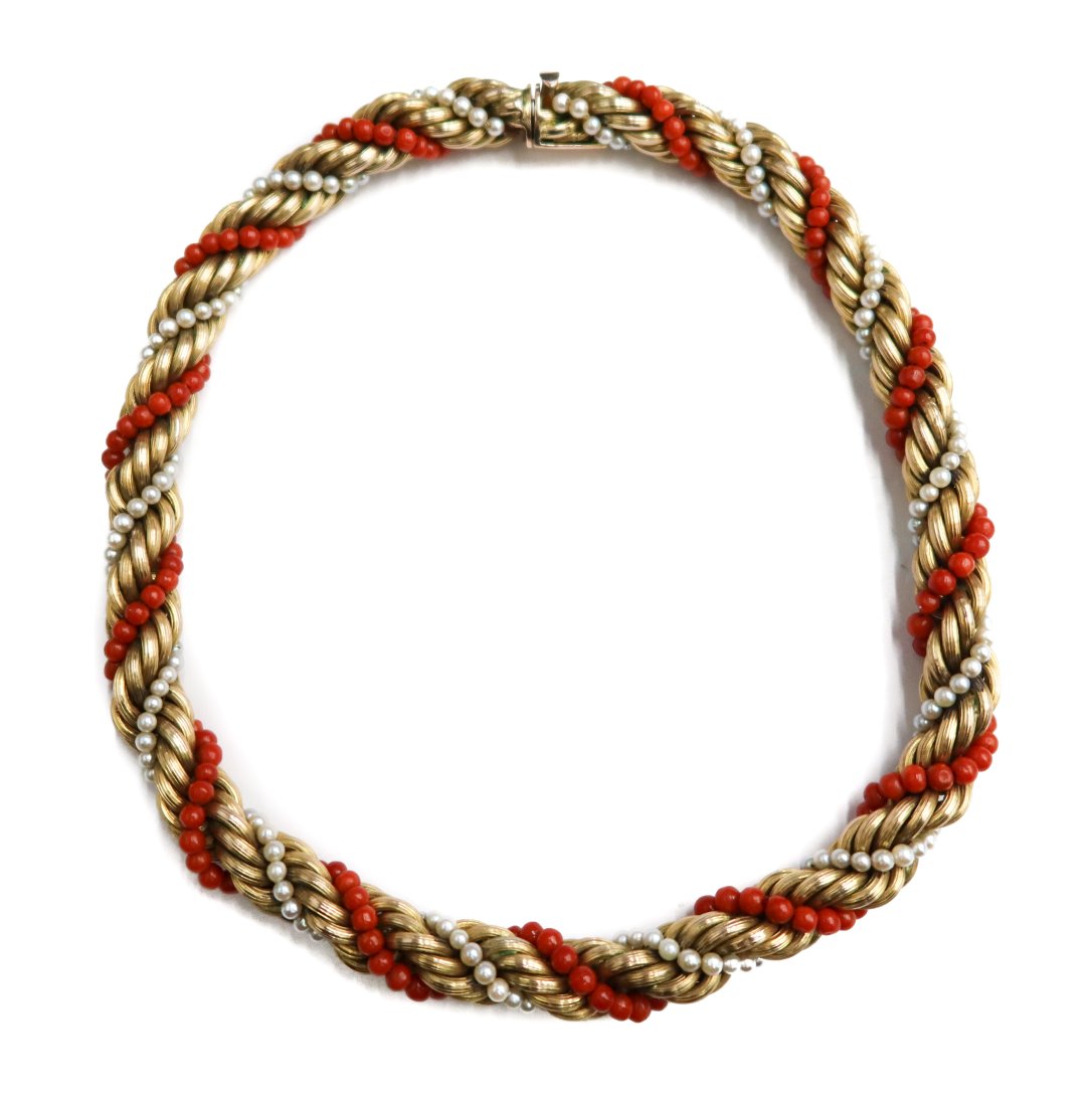 14k Yellow Gold Red Coral  and Seed Pearl Rope Necklace (1 of 6)