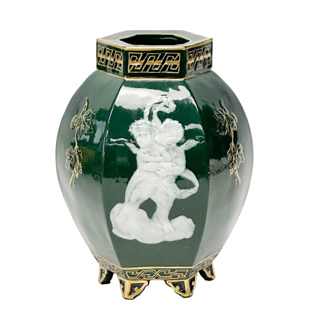 English Moore Bros Pate sur Pate Cherubs Hand Painted Porcelain Vase Green c1900 (1 of 7)