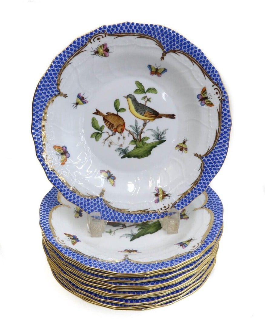 12 Herend Hungary Porcelain Dessert Plates in Rothschild Bird Blue Border, 1948 (1 of 6)