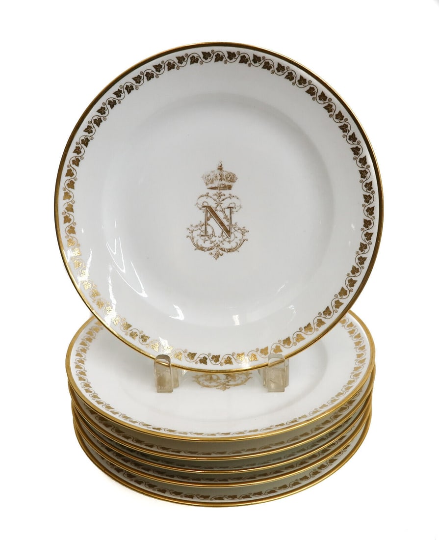 6 Manufacture de Sevres Dinner Plates, A Chiffe Dore De L'Empereur Napoleon III (1 of 9)