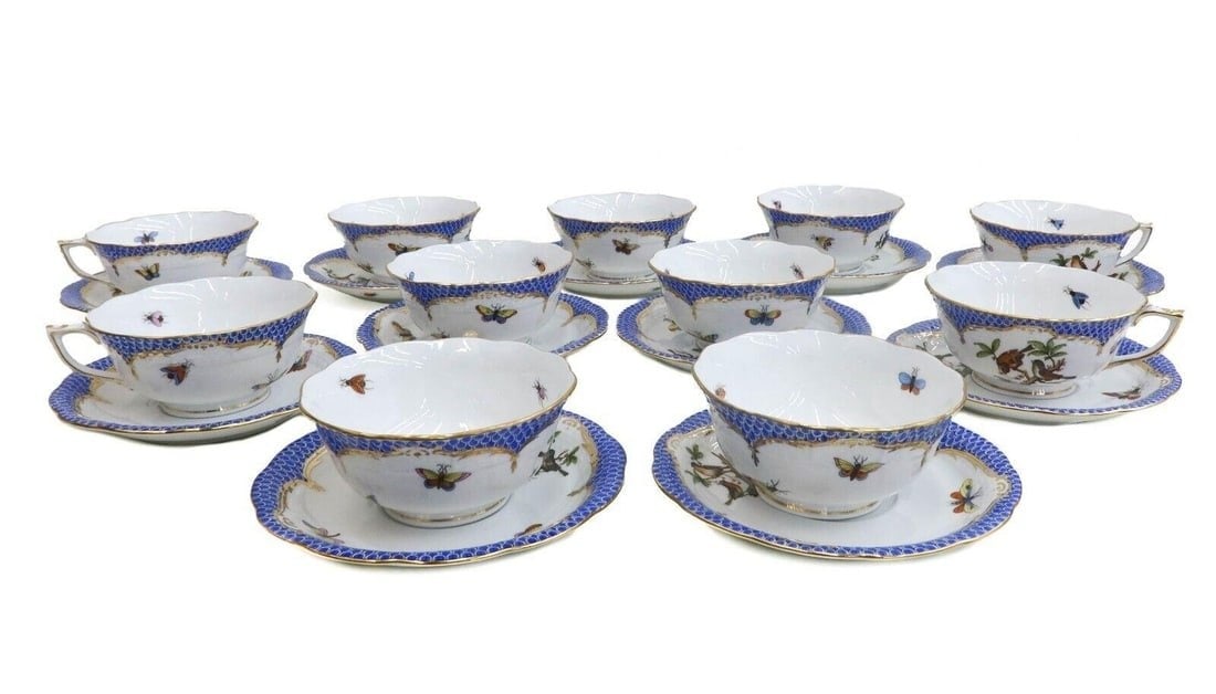 11 Herend Hungary Porcelain Cup and Saucers in Rothschild Bird Blue Border, 1948 (1 of 13)
