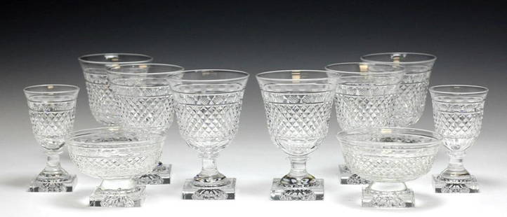 10 Kosta Edvin Ollers Cut Crystal Goblets: 10 Kosta Edvin Ollers Georgian Cut Crystal Goblets, assorted - 2 short stem compote glasses, 6 red wine glasses, 2 white wine glasses. Some glasses marked 'Kosta Sweden', others unmarked.Diamond patte