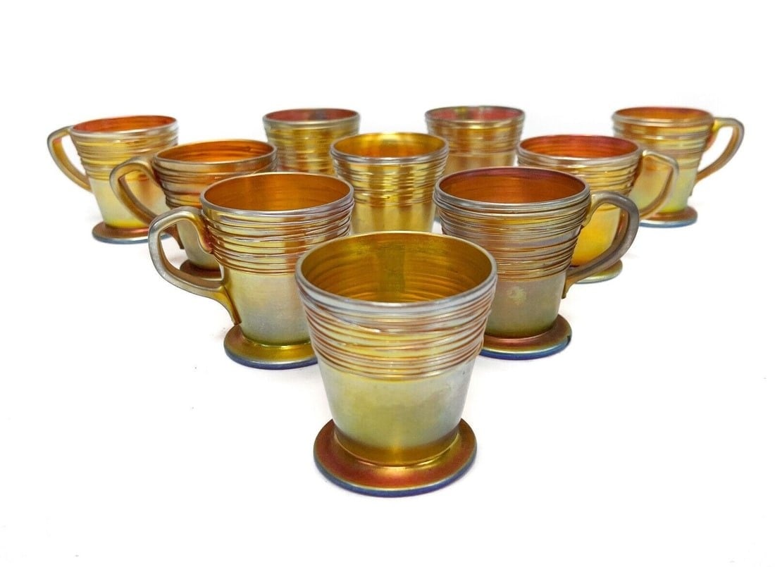 10 Steuben 4 ounce Gold Aurene Handled Threaded Cocktail Glass Cups #6333 (1 of 4)