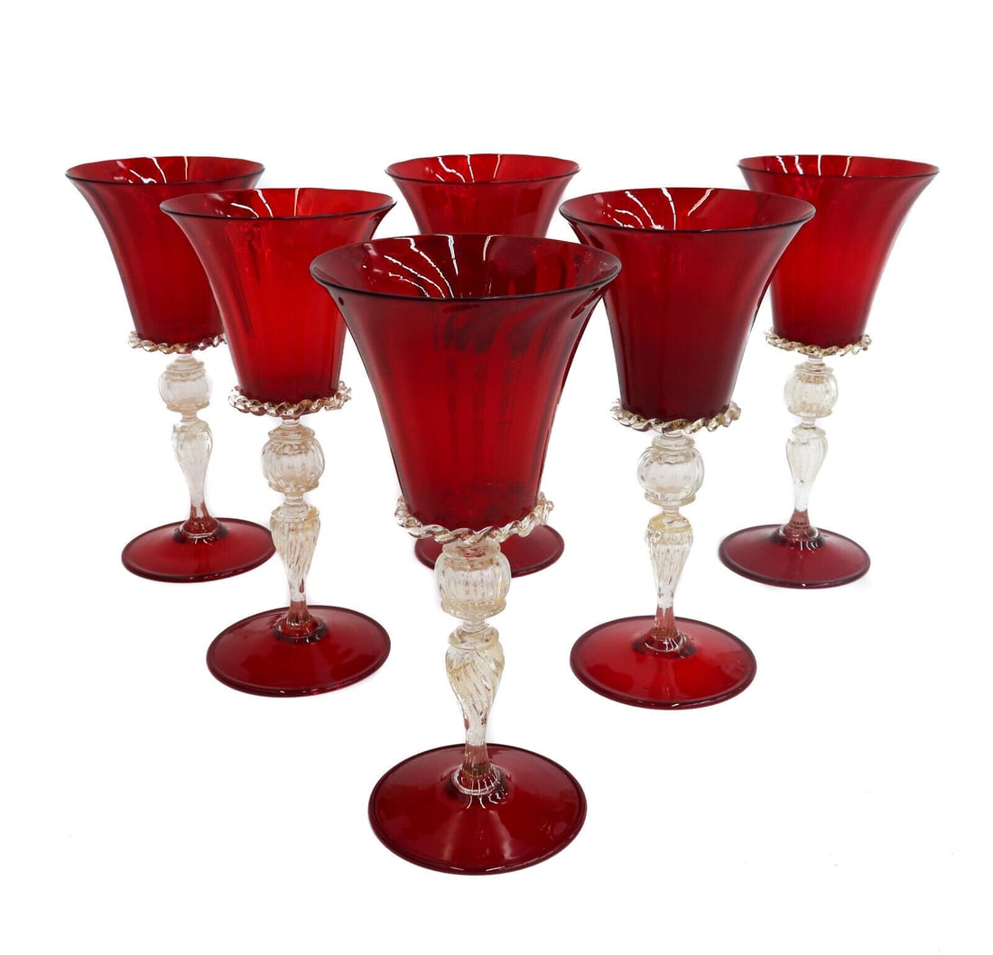 6 Murano Cranberry Red Art Glass and Gold Fleck Ruffled Wine Goblets, circa 1960: 6 Murano Cranberry red art glass and gold fleck ruffled wine goblets, circa 1960. Blown in 3 different pieces with gold fleck ruffles to stem. Pontil underside. Weight Approx., 2 lbs Measures Approx.,