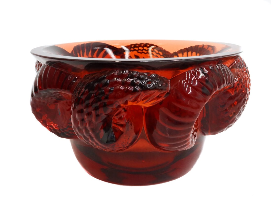Lalique France Cranberry Red Art Glass Boa Serpent Bowl, Signed (1 of 8)
