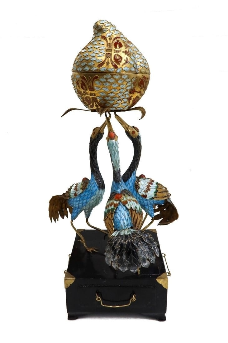 Vintage Chinese Export Gilt Silver Filigree Enameled Crane Bird Shou Tao Figure (1 of 12)