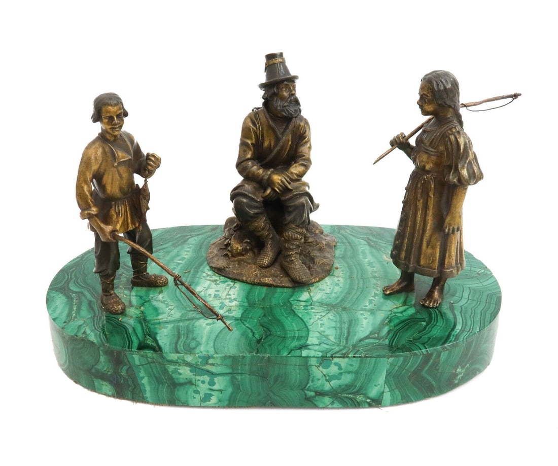 Russian Gilt Bronze Malachite Mounted Sculpture, Fishing Scene. circa 1900 (1 of 8)
