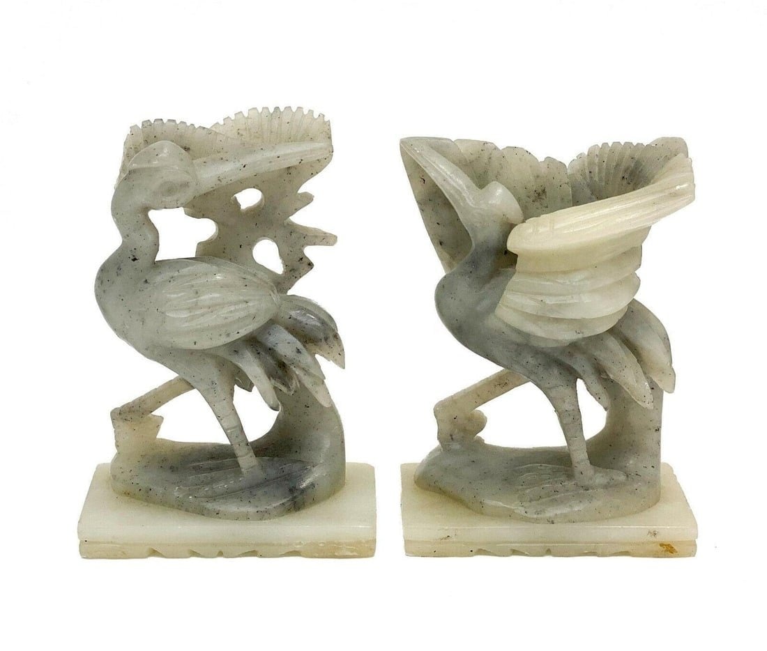 Chinese Carved White Soapstone Stork Bird Figurines (1 of 5)