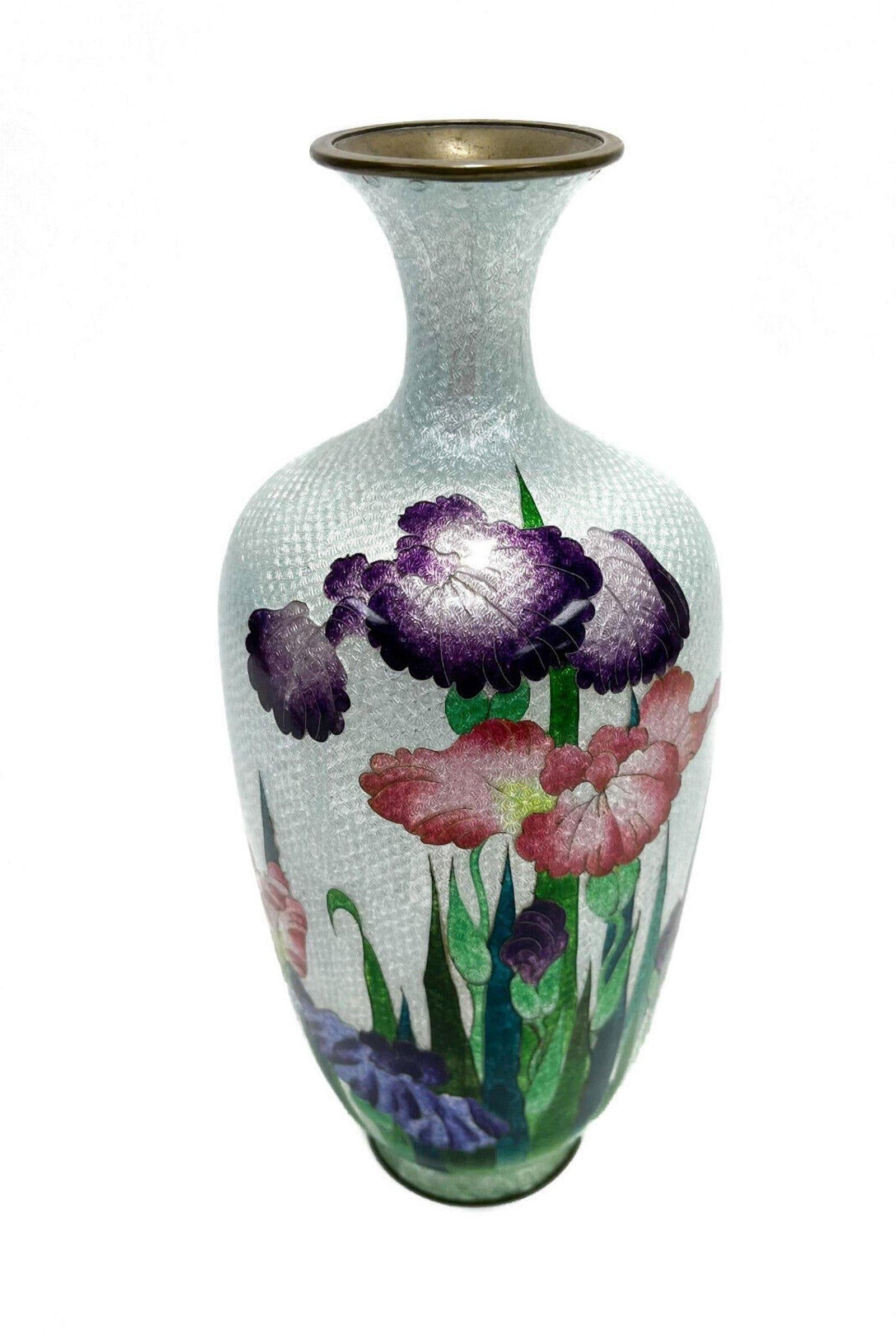 Japanese Blue Pink Purple Ginbari Cloisonne Flowers Enamel Vase, Meiji Period (1 of 9)