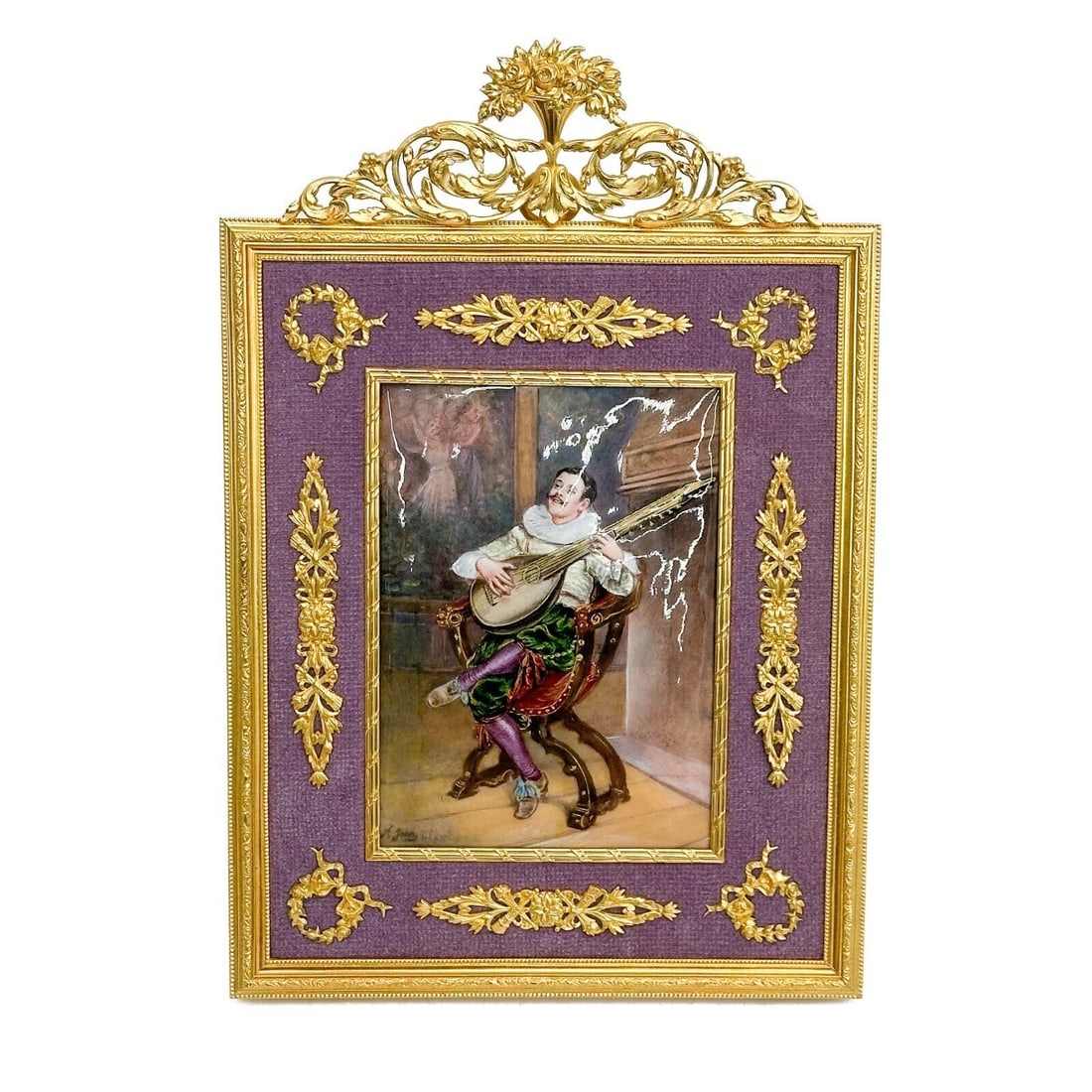French Hand Painted Enameled Plaque Gilt Bronze Framed Mandolin Player c 1910 (1 of 6)