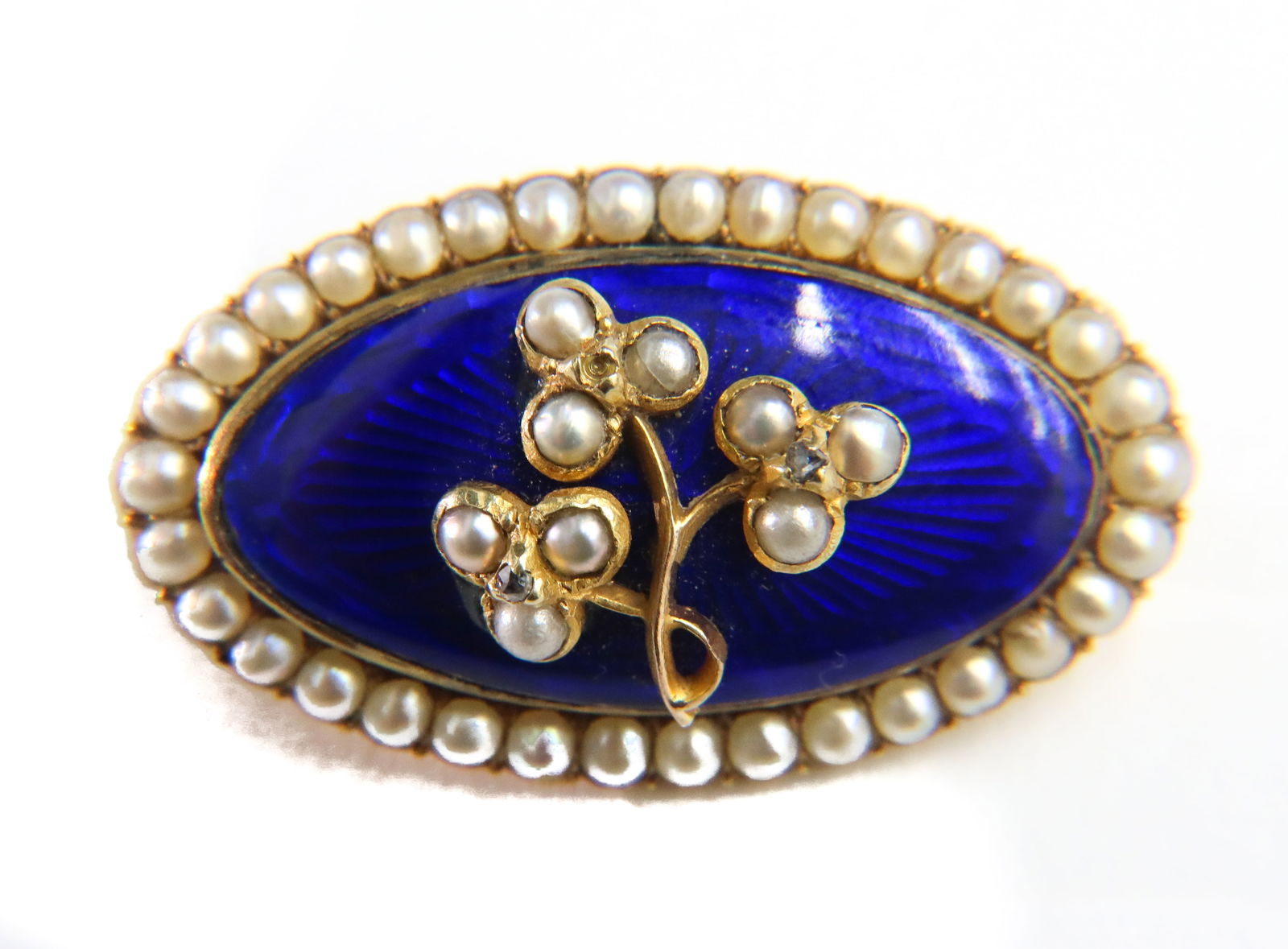 14k Yellow Gold Blue Guilloche Enamel and Seed Pearl and Old Mine Diamond Brooch (1 of 6)
