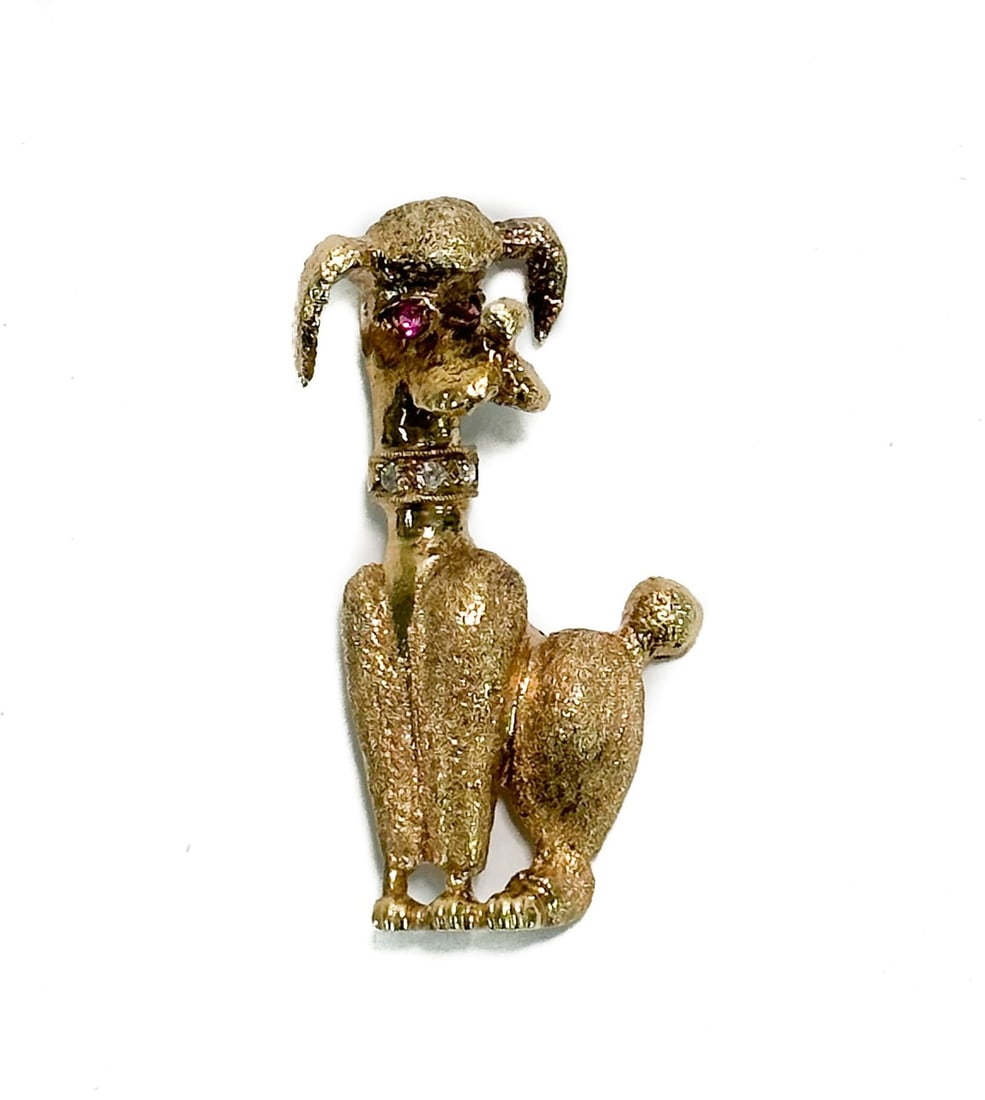 14k Yellow Gold Ruby and Diamond Poodle  Dog Brooch Pin (1 of 8)