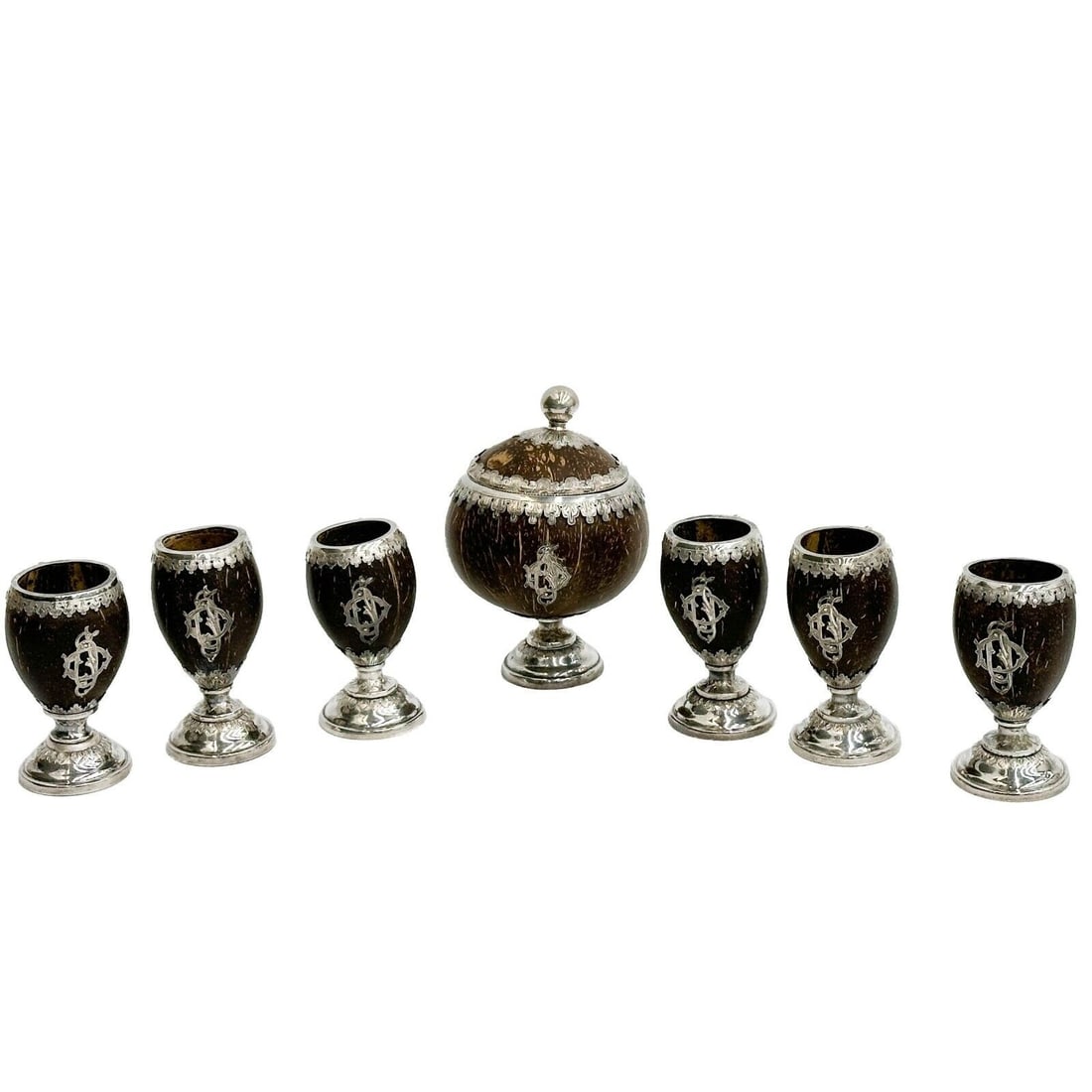 Silver Mounted Coconut or Calabash Yerba Mate Set for 6 circa 1900 (1 of 5)