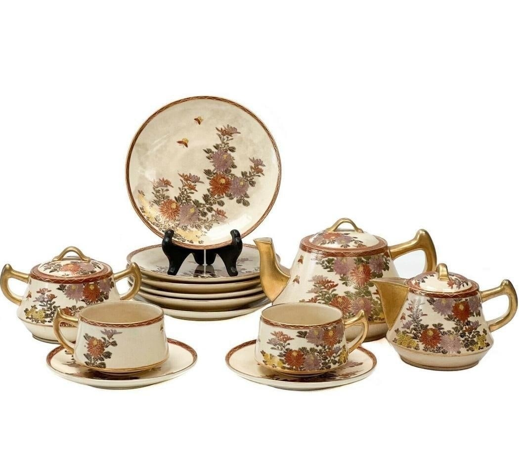 Japanese Satsuma Hand Painted Floral Gilt Porcelain Tea Dessert Service for 6 (1 of 9)