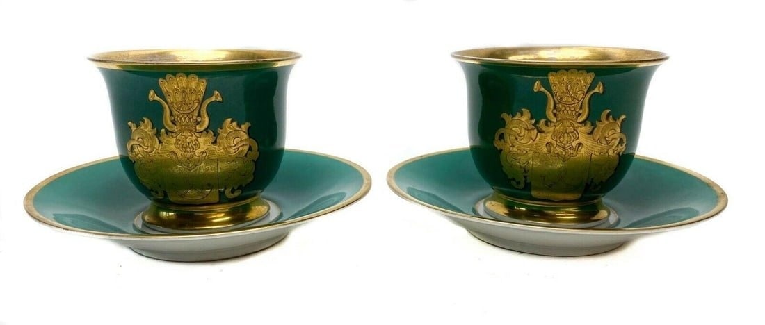 Large KPM Armorial Crest Green and Gold Cup and Saucer c1860 (1 of 7)