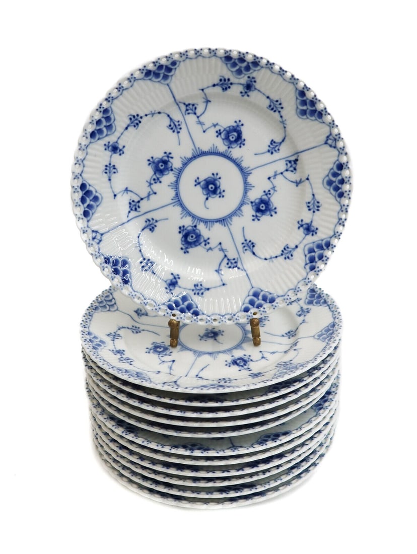 12 Royal Copenhagen Porcelain Blue Fluted Full Lace Salad Plates #1086 1st Qual (1 of 5)
