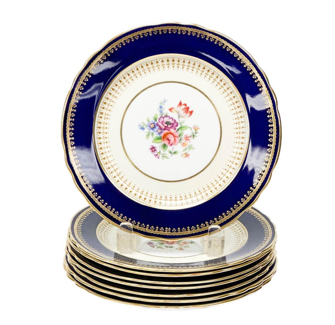 8 Aynsley England Hatfield Cobalt Porcelain 8.3 in Dessert Plates Florals c.1945 (1 of 8)