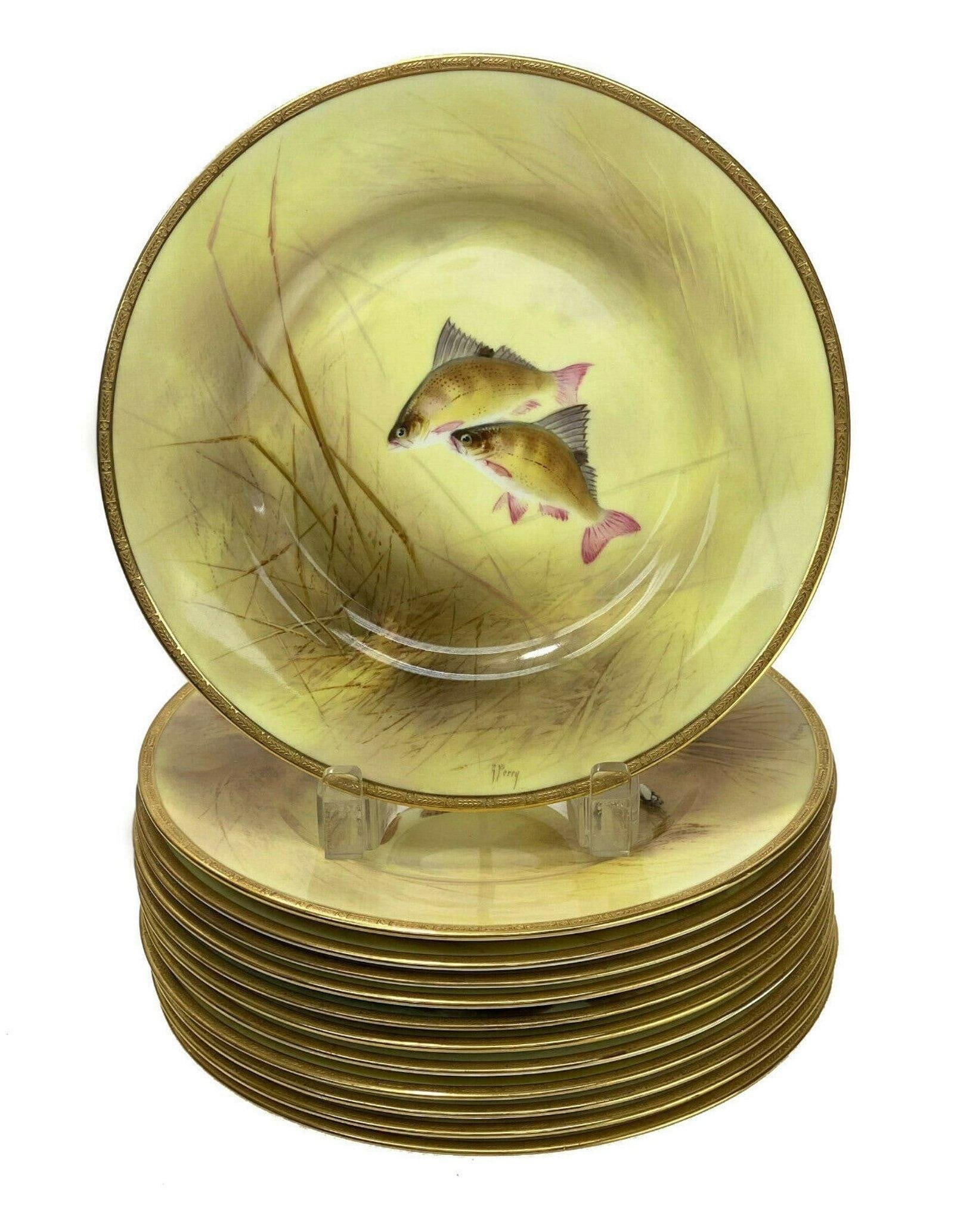 12 Royal Doulton England for Tiffany & Co. porcelain fish plates, Signed. circa 1900. (1 of 11)