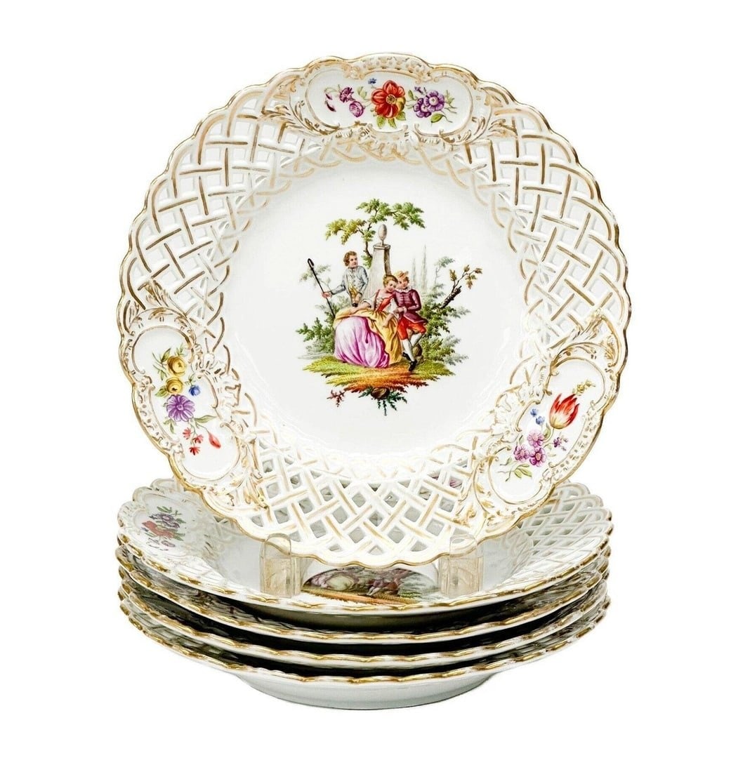5 Meissen Germany Hand Painted Reticulated Porcelain Plates Courting Scenes (1 of 8)