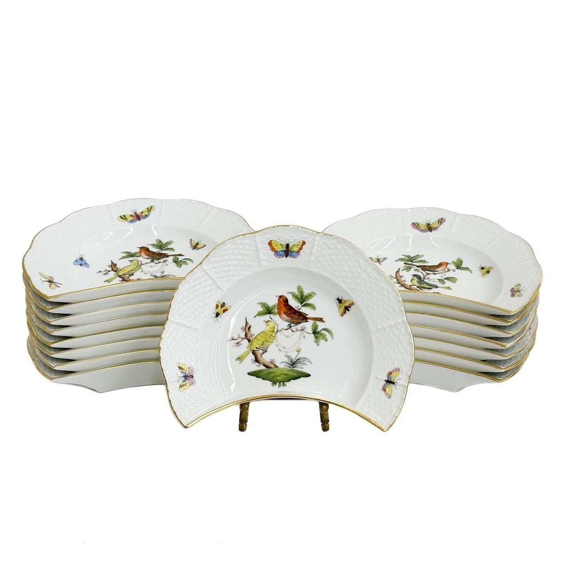 16 Herend Hungary Rothschild Birds Hand Painted Porcelain Crescent Salad Plates (1 of 6)