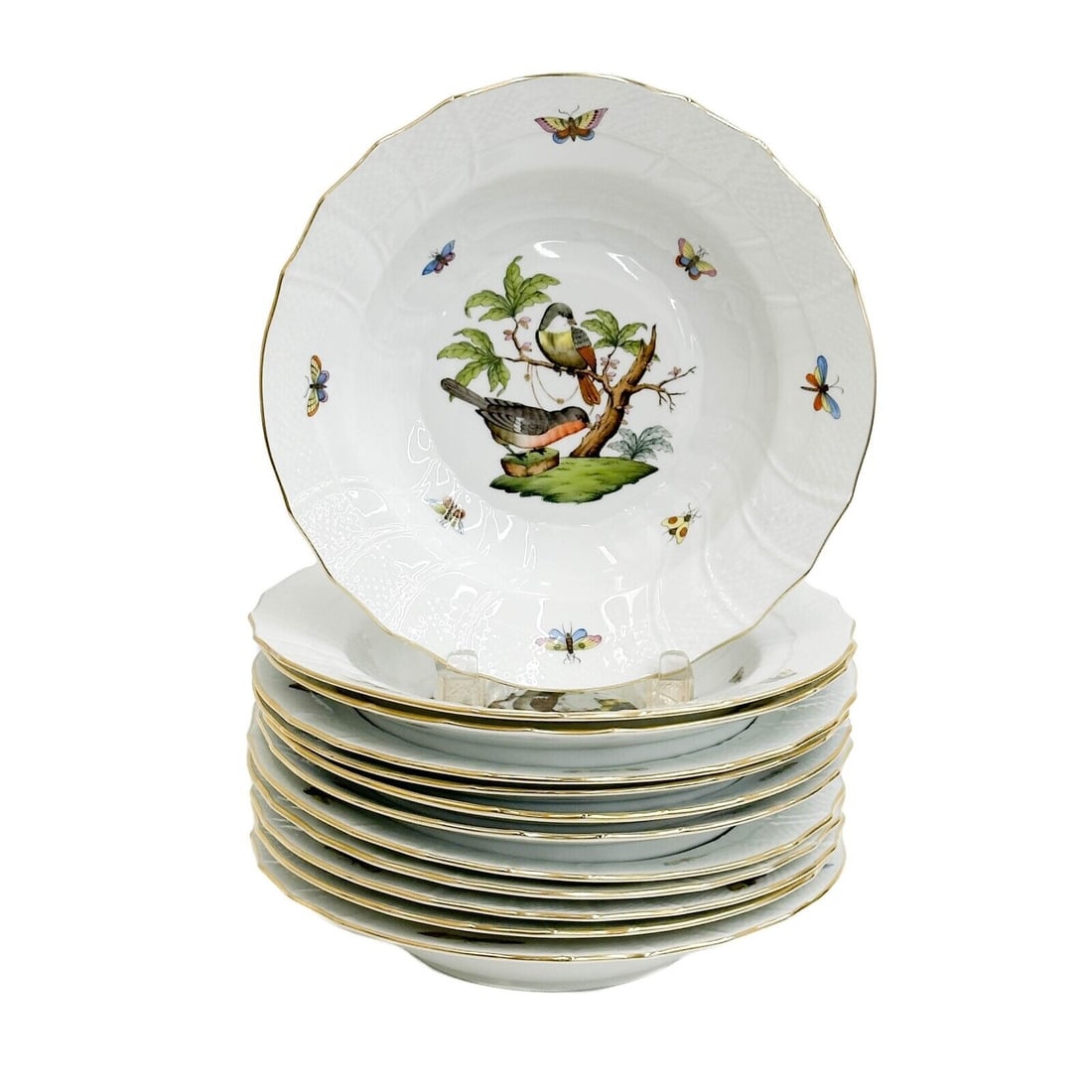 12 Herend Hungary Rothschild Bird Hand Painted Porcelain 9 in Rimmed Soup Bowls (1 of 6)