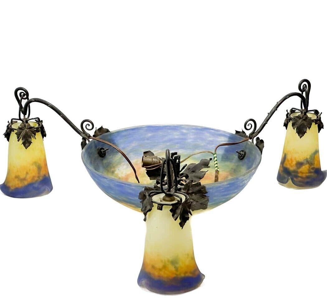 Muller Freres French Patinated Metal Mounted Luneville Art Glass Chandelier (1 of 8)