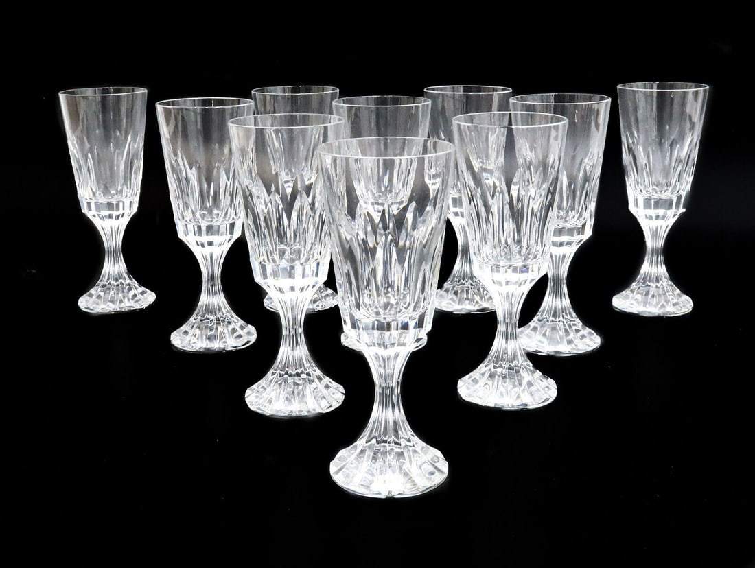 12 Baccarat France Crystal Glass Claret or Red Wine Goblets in D'Assas, Signed: 12 Baccarat France crystal glass red or claret wine goblets in D'Assas, Signed. Cut vertical design on bowl with textured foot. Acid etched Baccarat mark to underside. Weight Approx., 12 lbs Measures