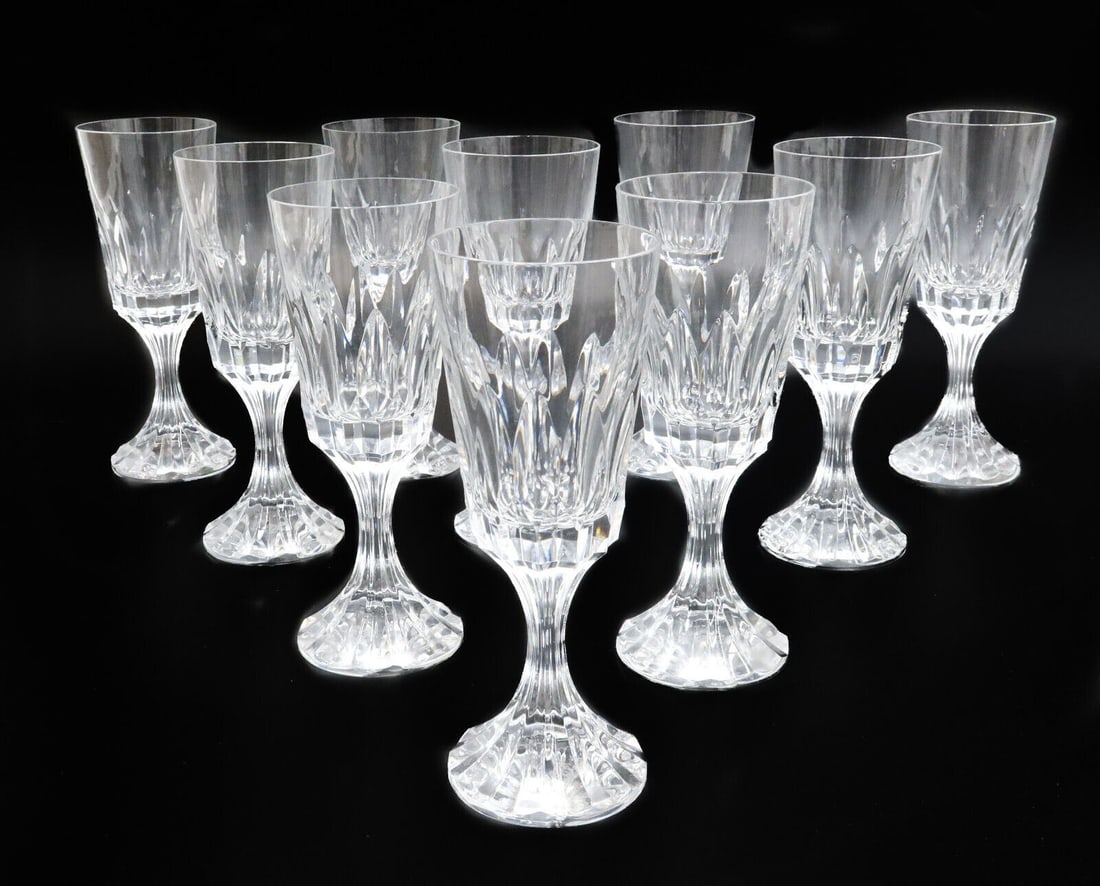 10 Baccarat France Crystal Glass White Wine Goblets in D'Assas, Signed: 10 Baccarat France crystal glass white wine goblets in D'Assas, Signed. Cut vertical design on bowl with textured foot. Acid etched Baccarat mark to underside. Weight Approx., 12 lbs Measures Approx.,