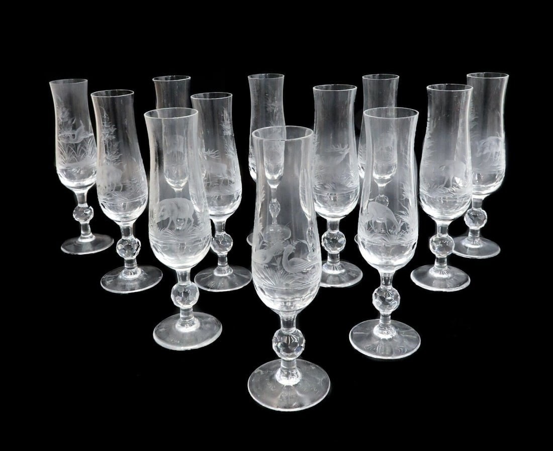 12 German Kaspar Bleikristall Glass 7.75 inch Champagne Flutes, circa 1940 (1 of 7)