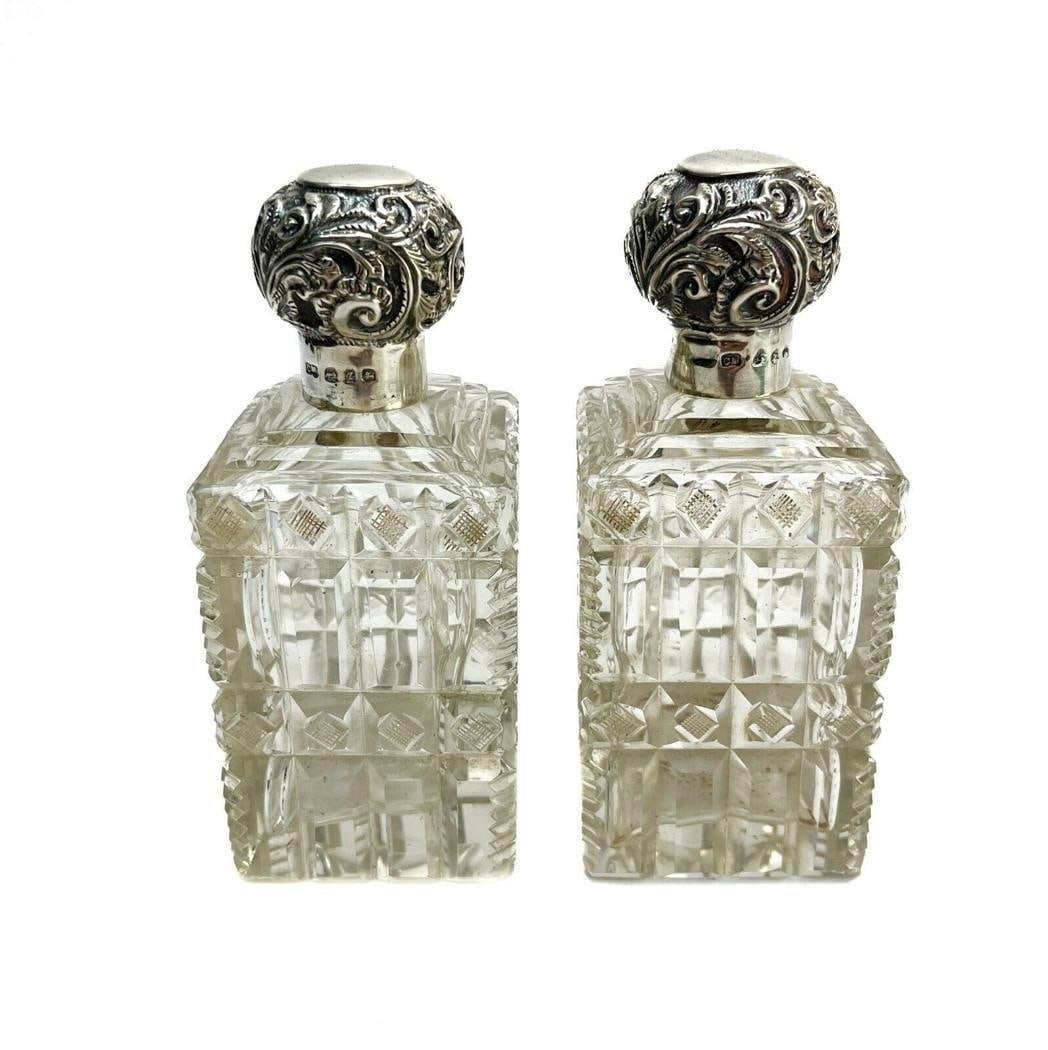 Pair Charles May & Sons Sterling Silver & Cut Glass Scent Perfume Bottles, 1899 (1 of 7)