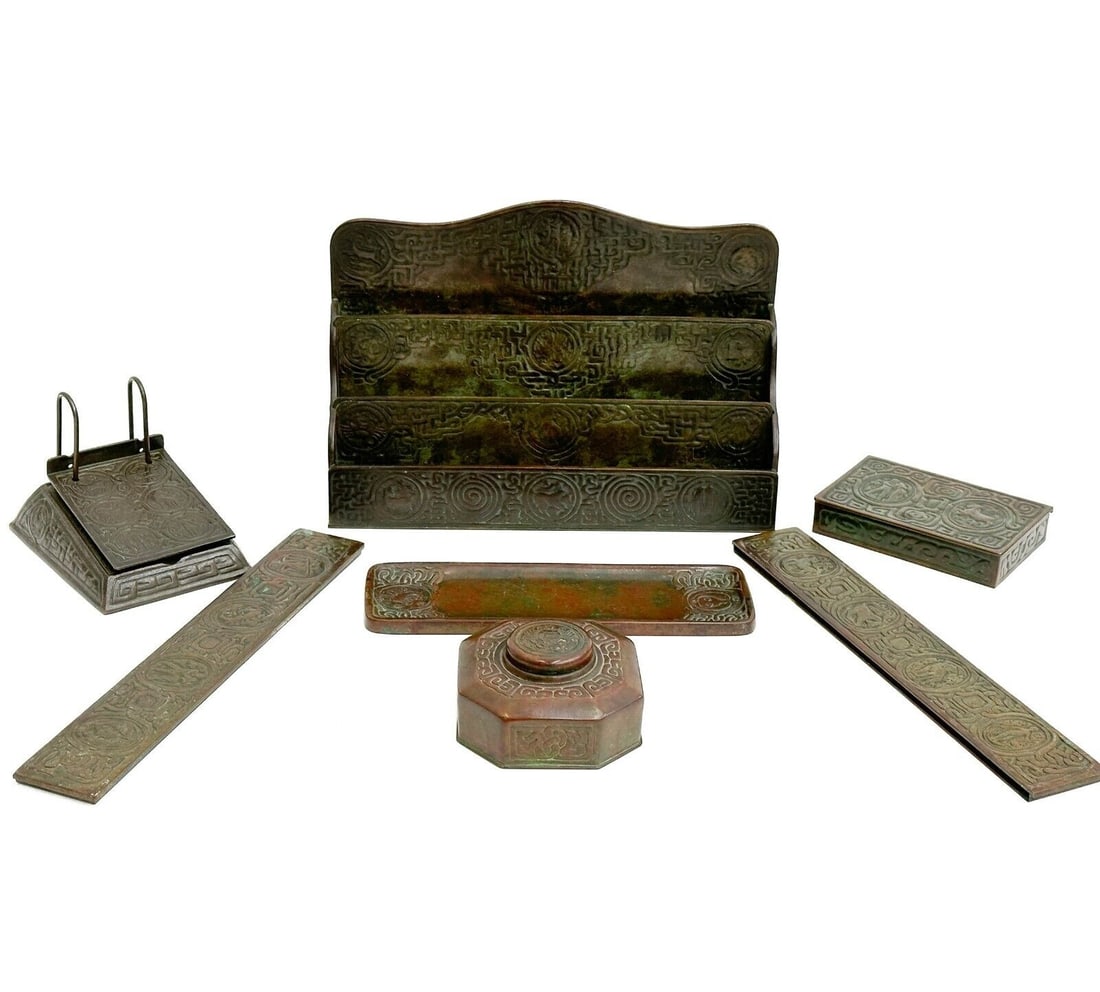 6pc Tiffany Studios New York Bronze Desk Set in Zodiac circa 1900 (1 of 7)