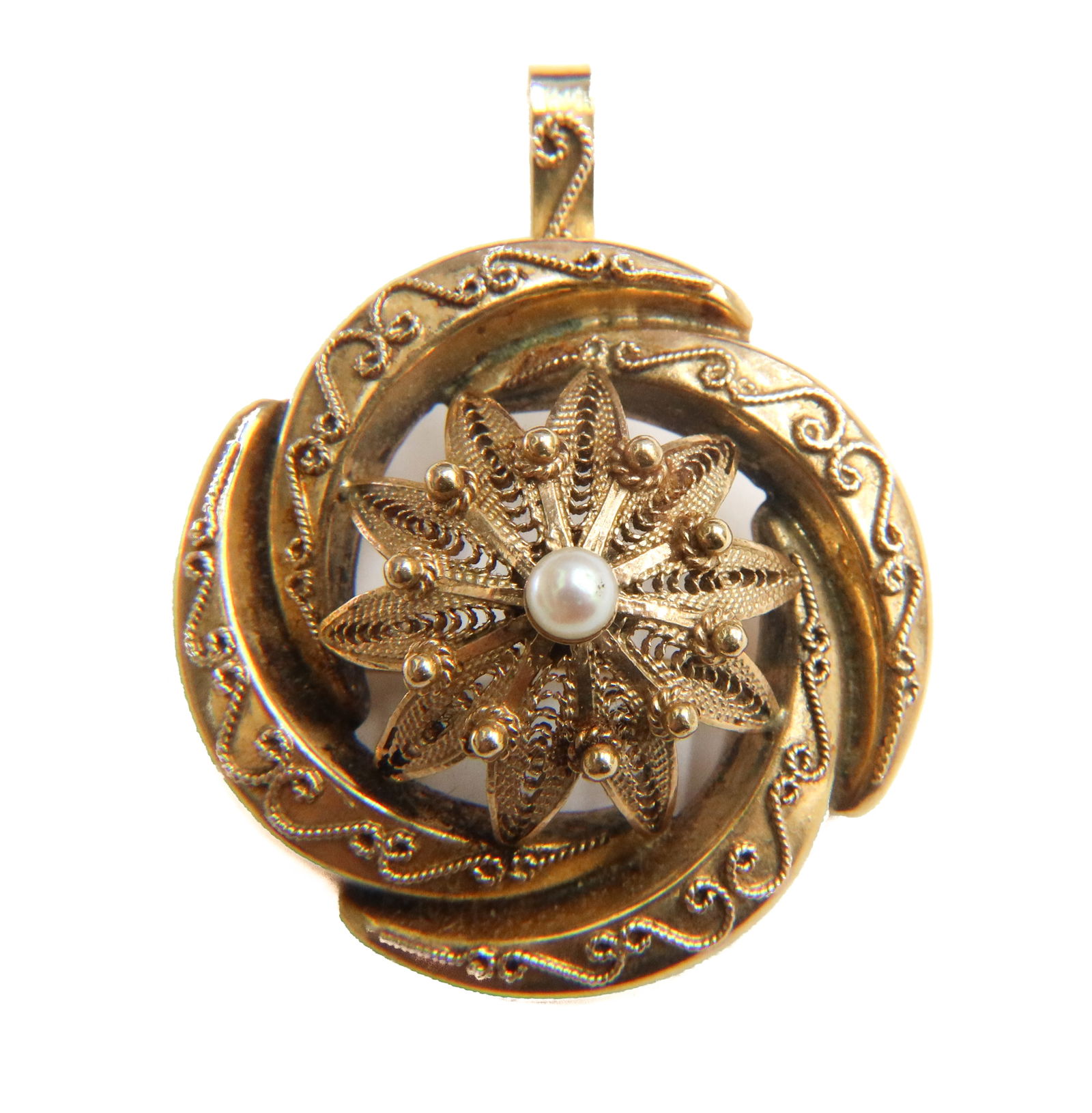 14k Yellow Gold and Seed Pearl Filigree Brooch Necklace Pendant (1 of 9)