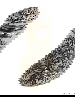 Simon's Brothers Sterling Silver Repousse Muffineer #1501, circa 1900: Simon's Brothers Sterling Silver Repousse Muffineer #1501, circa 1900 Repousse florals to exterior and slightly hand hammered. Simon's Brothers sterling silver marks to underside. Weight Approx.,3.8 o