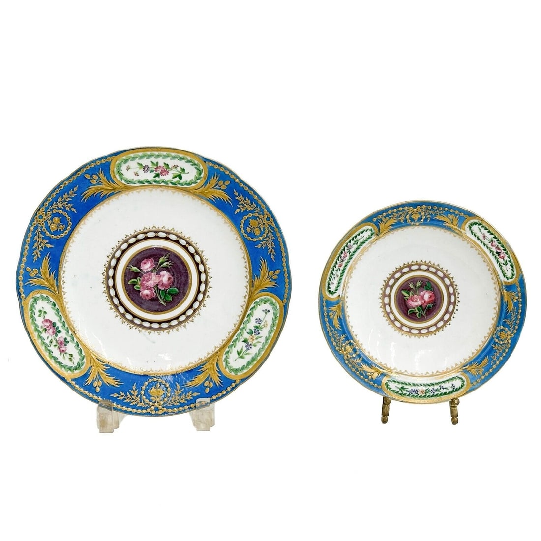 2 Sevres Hand Painted Floral Porcelain Plates Blue circa 1793-1800 (1 of 7)