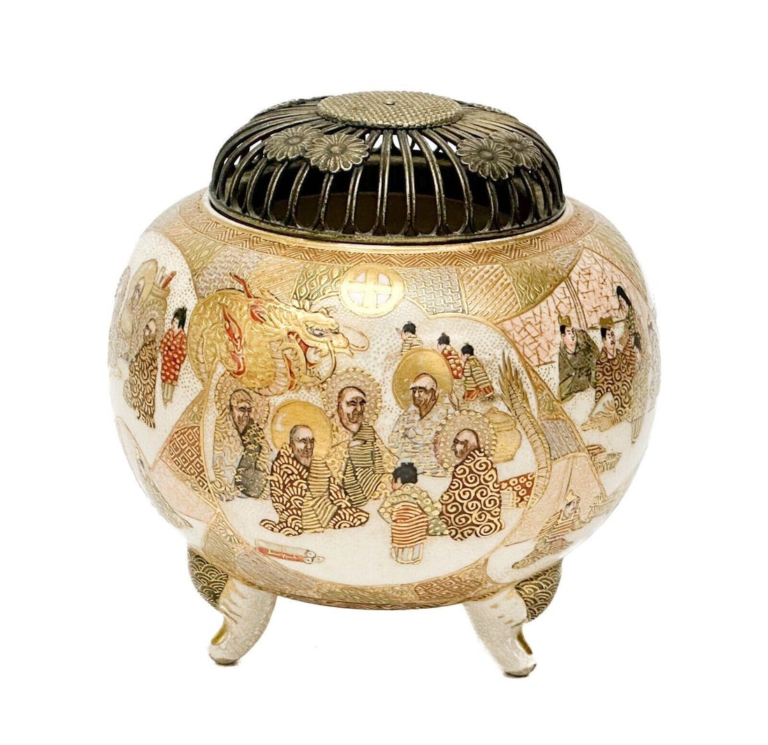 Japanese Shozan for Hododa Satsuma Porcelain Incense Jar Gilt Metal Pierced Lid (1 of 9)